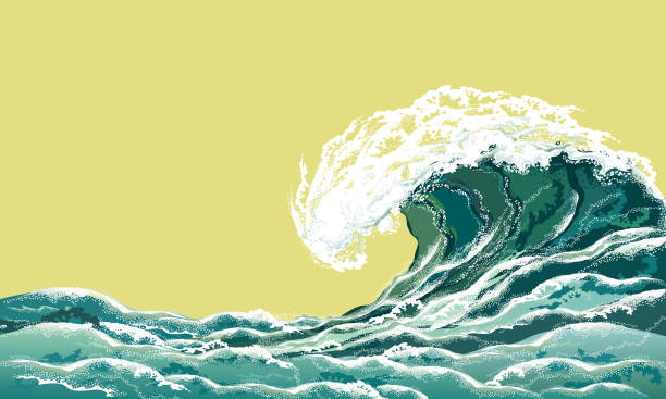 Sea wave, realistic vector illustration. Sea wave. Hand drawn realistic vector illustration in oriental vintage ukiyo-e style. beach drawings stock illustrations