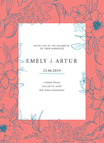 Sea wedding template of invitation with a warm coral shade. Vector card with sketch floral branches, coral, algae in the trend colors of living coral. Nautical art.