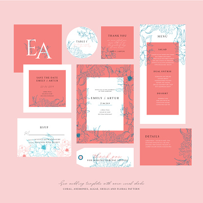Sea wedding template with a warm coral shade. Big wedding collection with sketch floral branches, coral, algae in the trend colors of living coral. Nautical art.