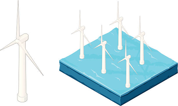 Sea Wind Farm A vector illustration of an isometric wind farm with turbines at sea. vertical axis wind turbine stock illustrations