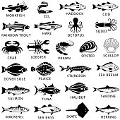 Common edible seafood, fish and shellfish icons. Single color. Isolated.