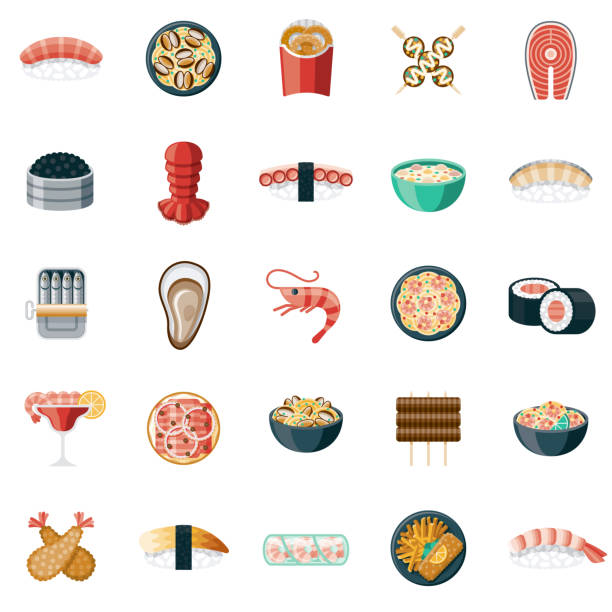 Seafood Icon Set A set of icons. File is built in the CMYK color space for optimal printing. Color swatches are global so it’s easy to edit and change the colors. pasta clipart stock illustrations