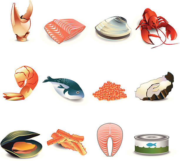 ilustraciones, imágenes clip art, dibujos animados e iconos de stock de iconos de pescados y mariscos - roe