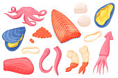 Seafood ingredients. Cartoon tuna fillet and steak, shrimps squid and octopus restaurant ingredients. Vector isolated set illustrations collection fresh meals foods