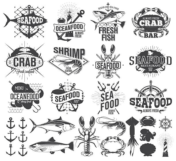 Seafood labels, logo and  illustration, design elements Seafood labels, logo and  illustration, design elements trident spear stock illustrations