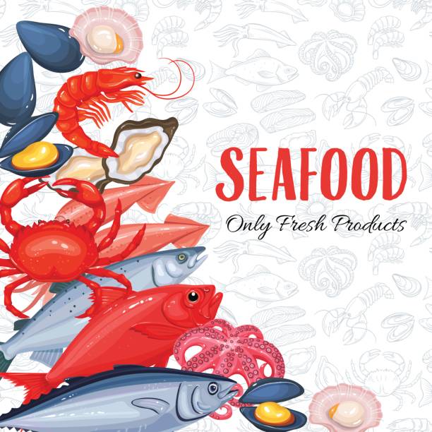 Seafood menu background Seafood menu background with mussel, fish salmon, shrimp, squid, octopus, scallop, lobster, craps, mollusk, oyster, alfonsino and tuna. Seafood design for markets and restaurants. Vector illustration. shrimp seafood stock illustrations