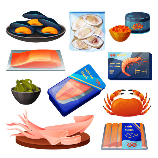 ilustrações, clipart, desenhos animados e ícones de produtos de frutos do mar, peixes marinhos, camarões e caranguejo - comida congelada