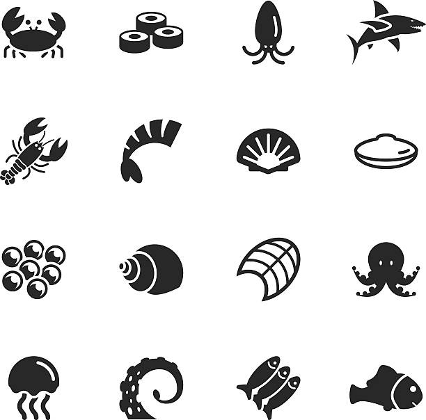 ilustraciones, imágenes clip art, dibujos animados e iconos de stock de silueta de iconos de pescados y mariscos - roe