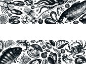 Hand drawn Seafood vector frame design. With fresh fish, lobster, crab, shellfish, squid, mollusks, caviar, shrimps drawings. Vintage sea food sketches menu template