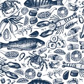 Vintage Seafood background. Hand drawn fresh fish, lobster, crab, oyster, mussel, squid ring, caviar, sushi.  sketch. Seamless food pattern.