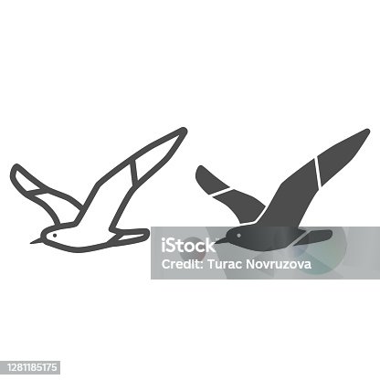 istock Seagull line and solid icon, Sea cruise concept, sea mew sign on white background, Seagull silhouette icon in outline style for mobile concept and web design. Vector graphics. 1281185175