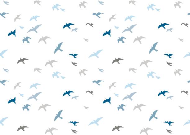 Seagulls silhouettes seamless pattern. Flock of flying birds blue gray semitone silhouette. Sea-gull cute painted bird Vector for wrapping paper cute design fabric textile, isolated white background. Seagulls silhouettes seamless pattern. Flock of flying birds blue gray semitone silhouette. Sea-gull cute painted bird Vector for wrapping paper cute design fabric textile, isolated white background. bird designs stock illustrations