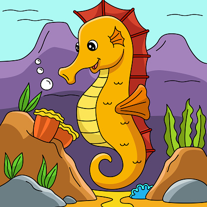 Seahorse in Ocean Cartoon Colored Illustration