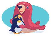 vector illustration of seal embracing penguin