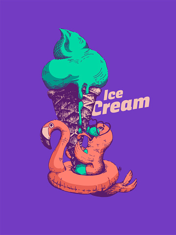 Seal licking a giant pistachio ice cream in inflatable flamingo air mattress vector illustration. Sea dog eating a huge, cold ice cream in the pool. Best for modern restaurant or bar designs. Purple