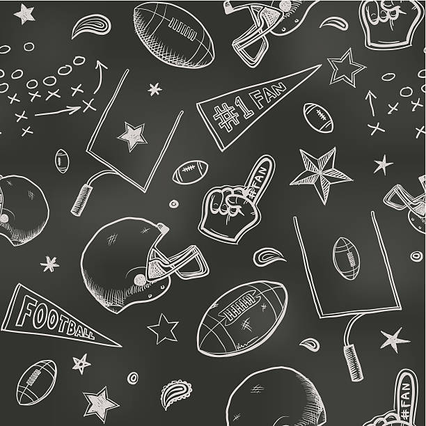 Seamless American football background Sketchy chalk drawings of American football icons on a blackboard. Will tile endlessly. american football sport stock illustrations