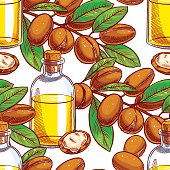 seamless colorful background with Argan nuts and a bottle of oil. hand-drawn illustration