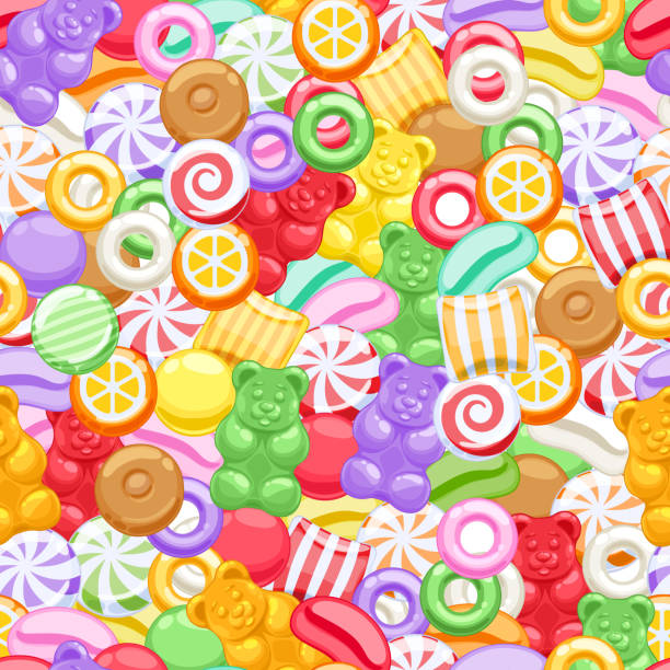Seamless assorted sweets candies background Seamless colorful assorted sweets vector background. Marshmallow gummy bears hard candies dragee jelly beans peppermint candy pattern. candy designs stock illustrations