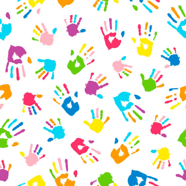 Seamless background made from colorful handprints. Palms and fingers colored in rainbow colors.  Multicolor pattern for your design. Seamless background made from colorful handprints. Palms and fingers colored in rainbow colors.  Multicolor pattern for your design. child designs stock illustrations