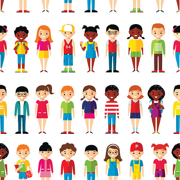 Seamless background of international set children. Seamless background with multicultural boys and girls in colorful style. avatar backgrounds stock illustrations