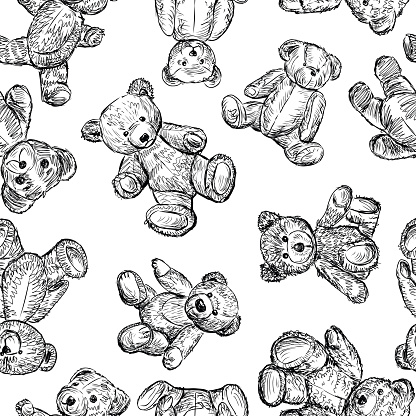 Seamless background of sketches of different teddy bears