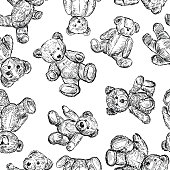 Vector pattern of sketches of plush toy teddy bears.