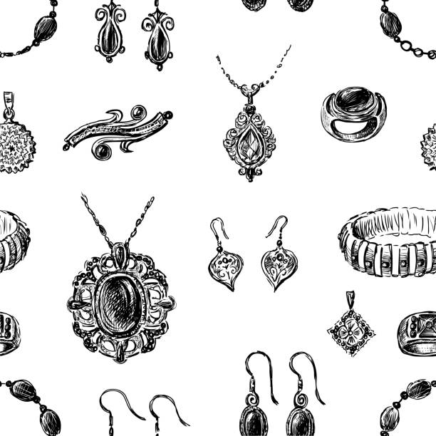 stockillustraties, clipart, cartoons en iconen met naadloze achtergrond van diverse sieraden - diamant ring display