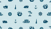 Vector seamless background on the theme of sea travel with different sailing ships, compass, anchor, steering wheel and others. Cute sea objects on a blue background with waves in retro style