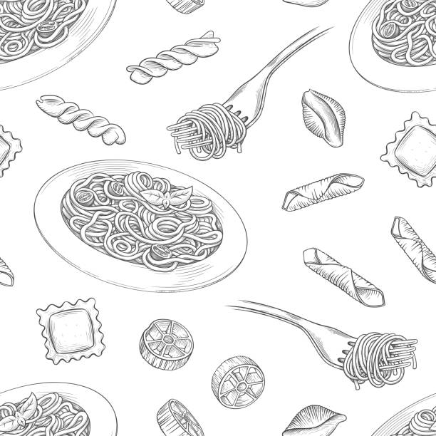 Seamless background, spaghetti on a plate, fork with spaghetti Vector vintage black engraving isolated on a white background.  Italian pasta. A hand-drawn design element for the menu. Vector. pasta drawings stock illustrations