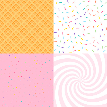 Seamless background with donut and ice cream glaze, confetti, waffle. Decorative bright sprinkles texture pattern design set