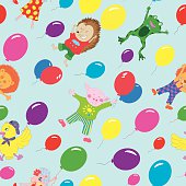 Seamless background with funny animals flying on colorful balloons in sky, hand drawn illustration