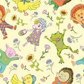 Seamless background with funny animals wearing cute clothing and flowers, hand drawn illustration
