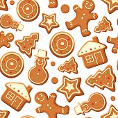 Vector seamless background with Christmas gingerbread cookies on white.