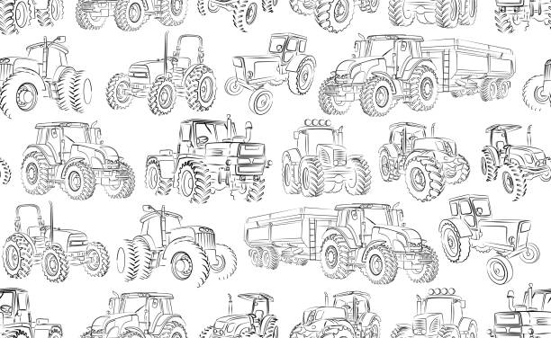 nahtloser hintergrund mit traktor. - traktor stock-grafiken, -clipart, -cartoons und -symbole