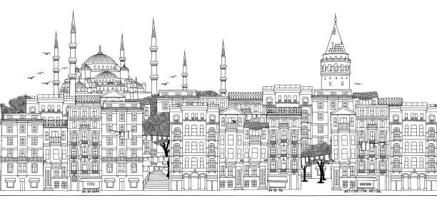 bildbanksillustrationer, clip art samt tecknat material och ikoner med sömlös banner i istanbul, turkiet - istanbul blue mosque skyline