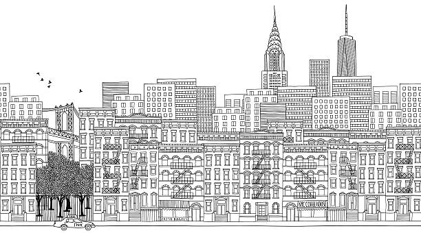 Seamless banner of New York city, hand drawn Ink illustration of New York, black and white for adult coloring books brooklyn new york stock illustrations