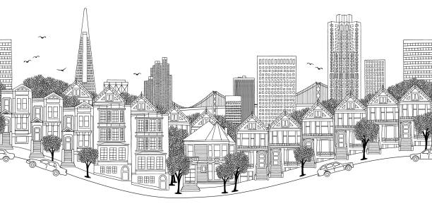 Seamless banner of San Francisco San Francisco, USA - seamless banner of the city's skyline, hand drawn black and white illustration san francisco stock illustrations