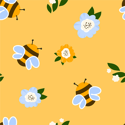 Seamless bee pattern. Cute childish illustration with flowers and insects for textile and paper design. Sweet little bumblebees for t-shirt, clothes or surface design