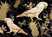 Fauna and flora of rainforest. Seamless vector background. Parrot, orchid flowers, butterfly and pineapple fruit. Vintage engraving. Vector illustration. Wildlife pattern. Gold foil, white and black.