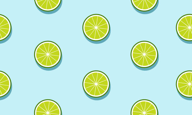 ilustrações de stock, clip art, desenhos animados e ícones de seamless blue background with limes slices with shadow. - lime
