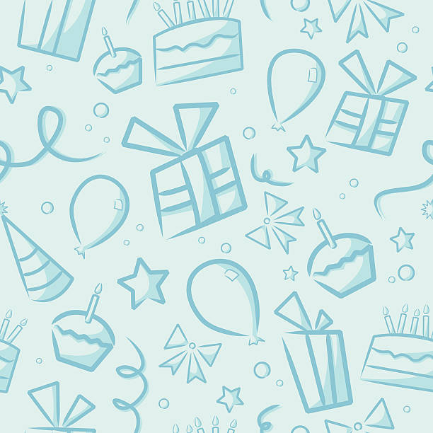 Seamless Blue Birthday Background A background for a boy's birthday. Repeats seamlessly from left to right and top to bottom. Global colors used, no gradients. File includes the pattern as a swatch, as well as an extra AICS2 file with the un-cropped shapes. Files included: AICS2, EPS8 and Large High Res JPG. birthday patterns stock illustrations