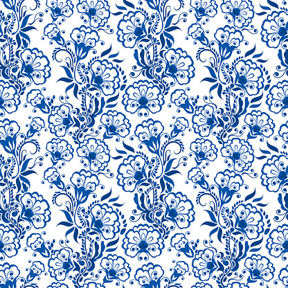 Seamless blue floral pattern. Russian gzhel style.