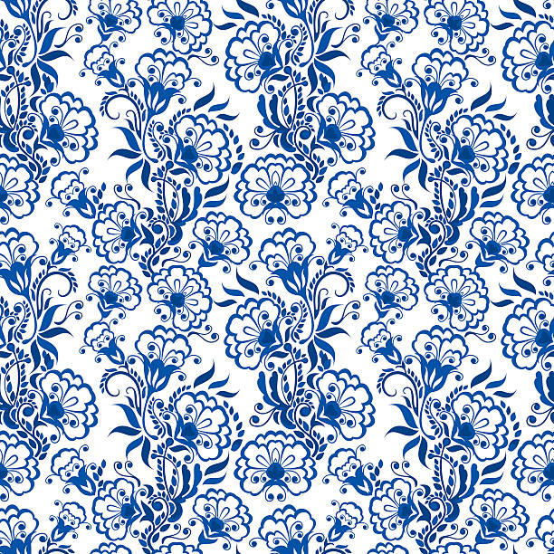Seamless blue floral pattern. Russian gzhel style. Seamless blue floral pattern. Background in the style of Chinese painting on porcelain or Russian gzhel style. china stock illustrations