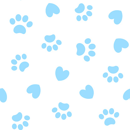 Seamless blue pattern background with paw prints animals.