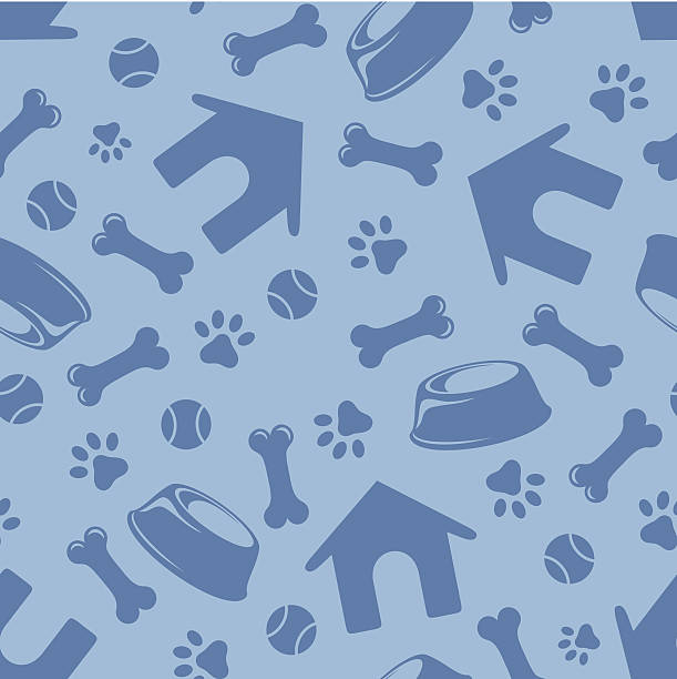 Seamless blue pattern with dogs symbols. Vector illustration. Vector seamless blue pattern with doghouses, paws, bones, bowls and balls. dog backgrounds stock illustrations