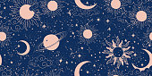 istock Seamless blue space pattern with sun, crescent and stars on a blue background. Mystical ornament of the night sky for wallpaper, fabric, astrology, fortune telling. Vector illustration. 1285882666