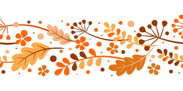 Seamless border of autumn leaves. Vector frame, garland, illustration of autumn leaves on a white background. Orange, yellow, brown foliage of oak, mountain ash, rowan berry.