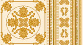 istock Seamless border pattern print on a beige background, Gold chains and cables, Greek Meander frieze, Baroque scrolls and pearl shell. Scarf, neckerchief, kerchief, carpet, rug, mat frieze 1312001215