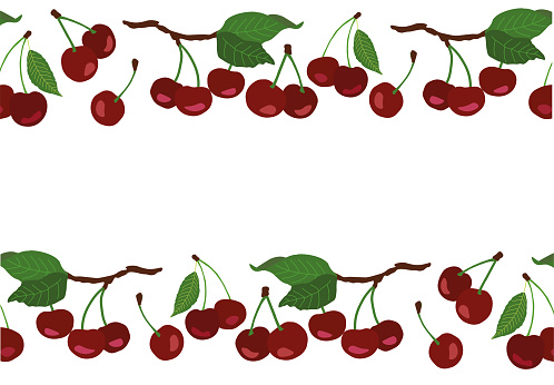 seamless border with red cherries, cherry isolated on white.