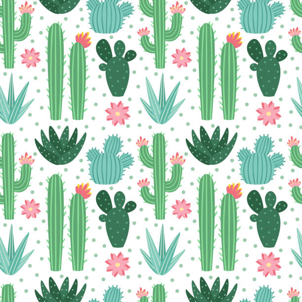 Seamless cactus pattern. Exotic desert cacti houseplants, repeating cactuses vector background Seamless cactus pattern. Exotic desert cacti houseplants, repeating cactuses or succulent fabric doodle. Blooming garden cactus wrapping print or floral wallpaper flat vector background cactus backgrounds stock illustrations